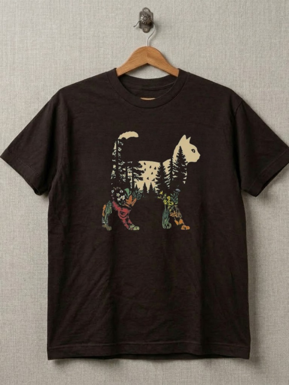 Graphic Cat Nature Tee - Black with Cream & Multicolor Print
